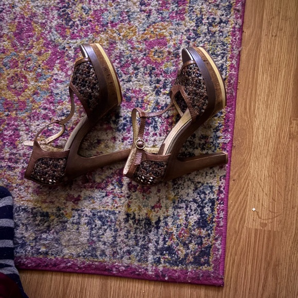 Frye Grace Woven T Strap Platform High Heels Leather Sandals Shoe - Picture 3 of 5